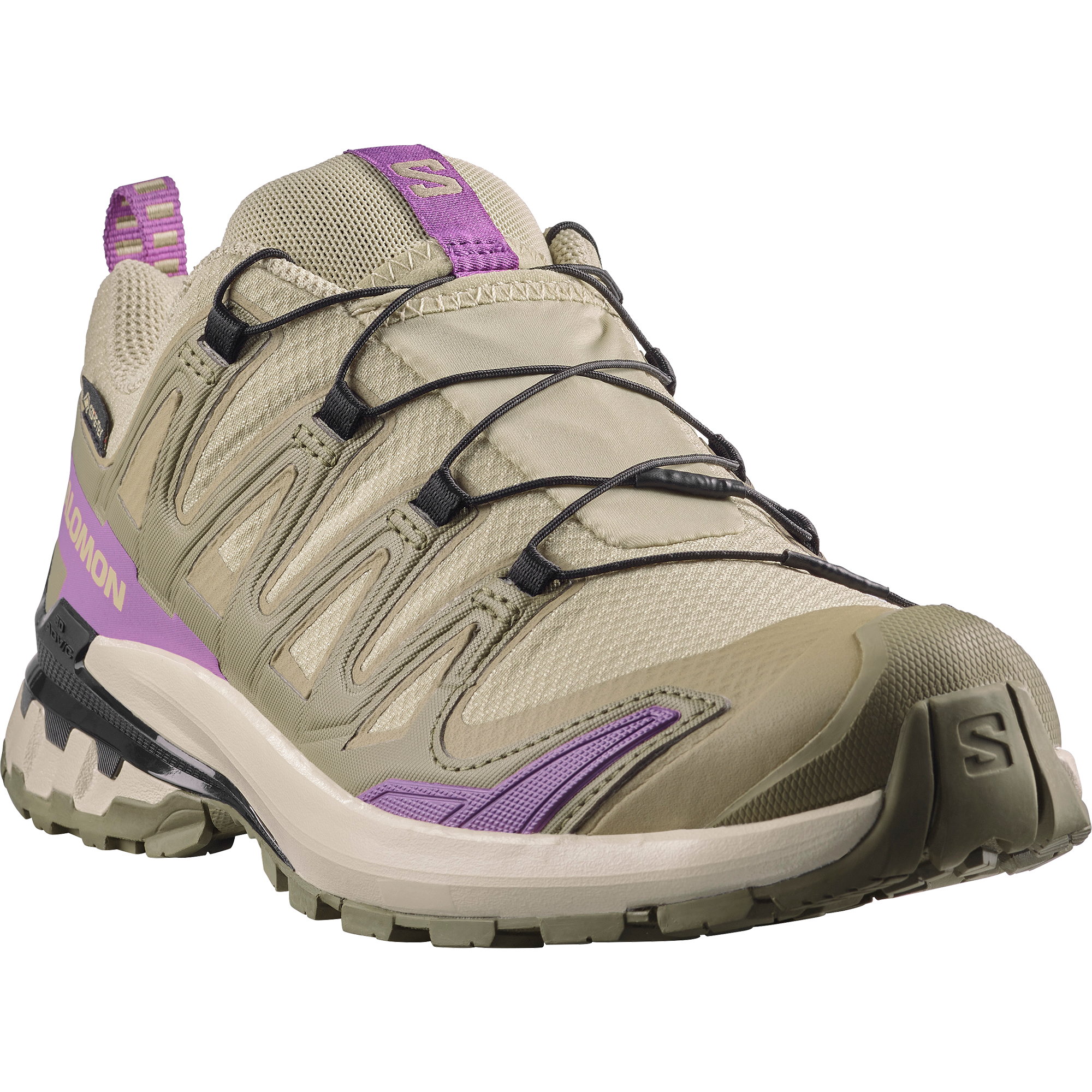 salomon xa pro 3d v9 gtx trail running and hiking shoe for women, waterproof salomon shoe, light green colour with olive green, purple and black details, side profile of shoe on a white background