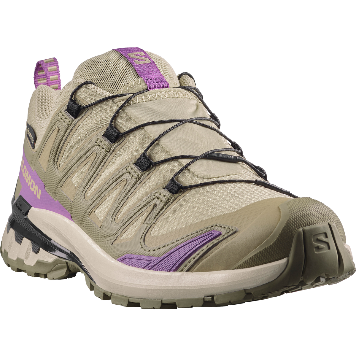 salomon xa pro 3d v9 gtx trail running and hiking shoe for women, waterproof salomon shoe, light green colour with olive green, purple and black details, side profile of shoe on a white background