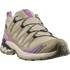salomon xa pro 3d v9 gtx trail running and hiking shoe for women, waterproof salomon shoe, light green colour with olive green, purple and black details, side profile of shoe on a white background