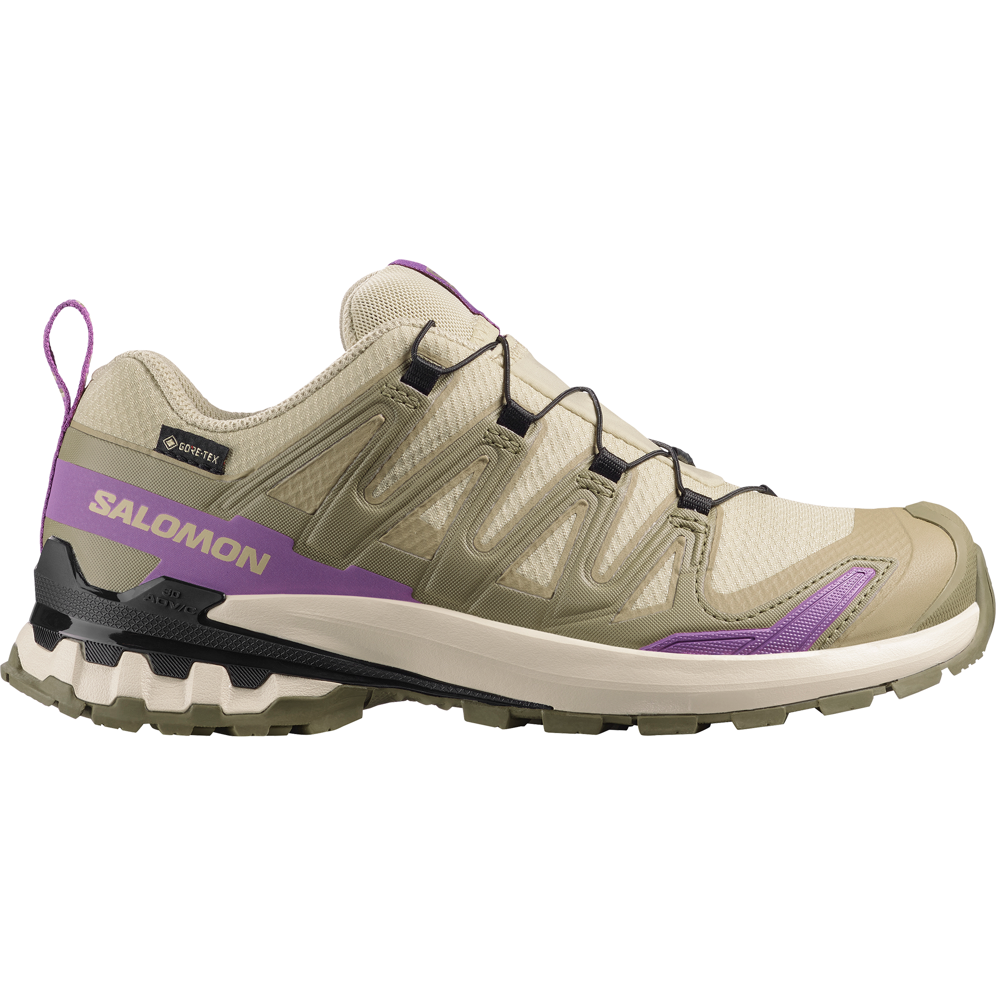 salomon xa pro 3d v9 gtx trail running and hiking shoe for women, waterproof salomon shoe, light green colour with olive green, purple and black details, side profile of shoe on a white background