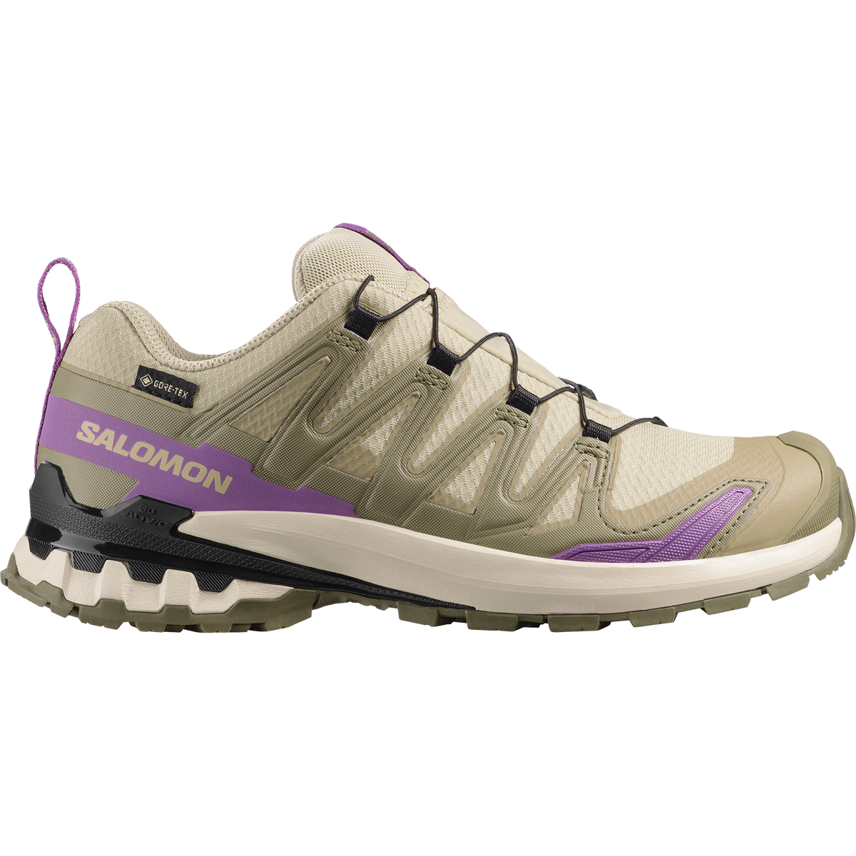 salomon xa pro 3d v9 gtx trail running and hiking shoe for women, waterproof salomon shoe, light green colour with olive green, purple and black details, side profile of shoe on a white background