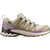 salomon xa pro 3d v9 gtx trail running and hiking shoe for women, waterproof salomon shoe, light green colour with olive green, purple and black details, side profile of shoe on a white background