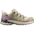 salomon xa pro 3d v9 gtx trail running and hiking shoe for women, waterproof salomon shoe, light green colour with olive green, purple and black details, side profile of shoe on a white background