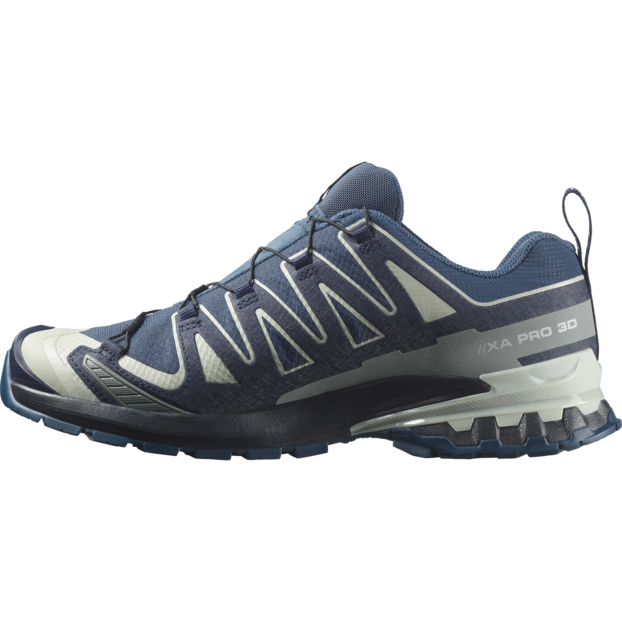 salomon xa pro 3d v9 gtx trail running and hiking shoe for men, waterproof salomon shoe, navy colour with light green details, side profile of shoe on a white background
