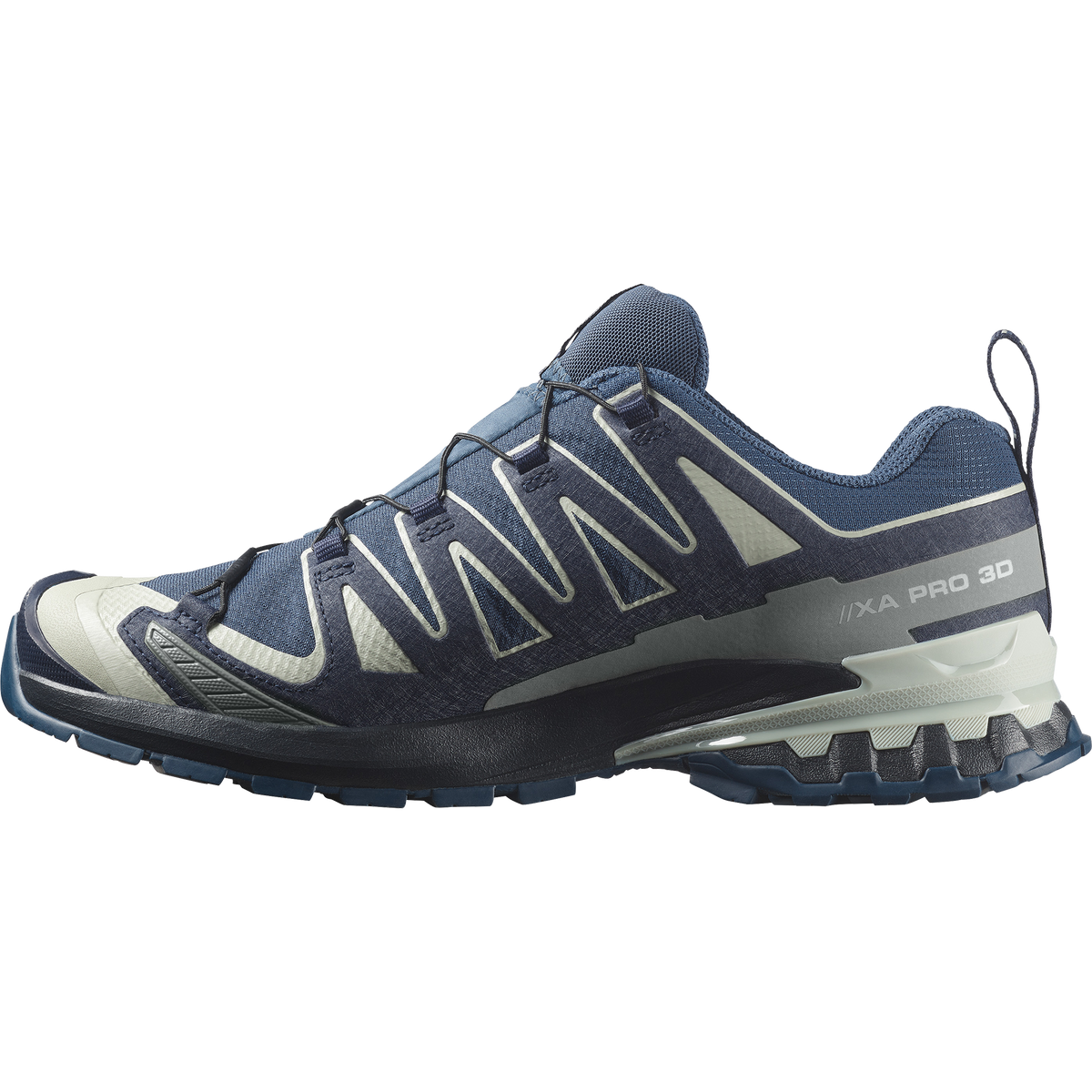 salomon xa pro 3d v9 gtx trail running and hiking shoe for men, waterproof salomon shoe, navy colour with light green details, side profile of shoe on a white background