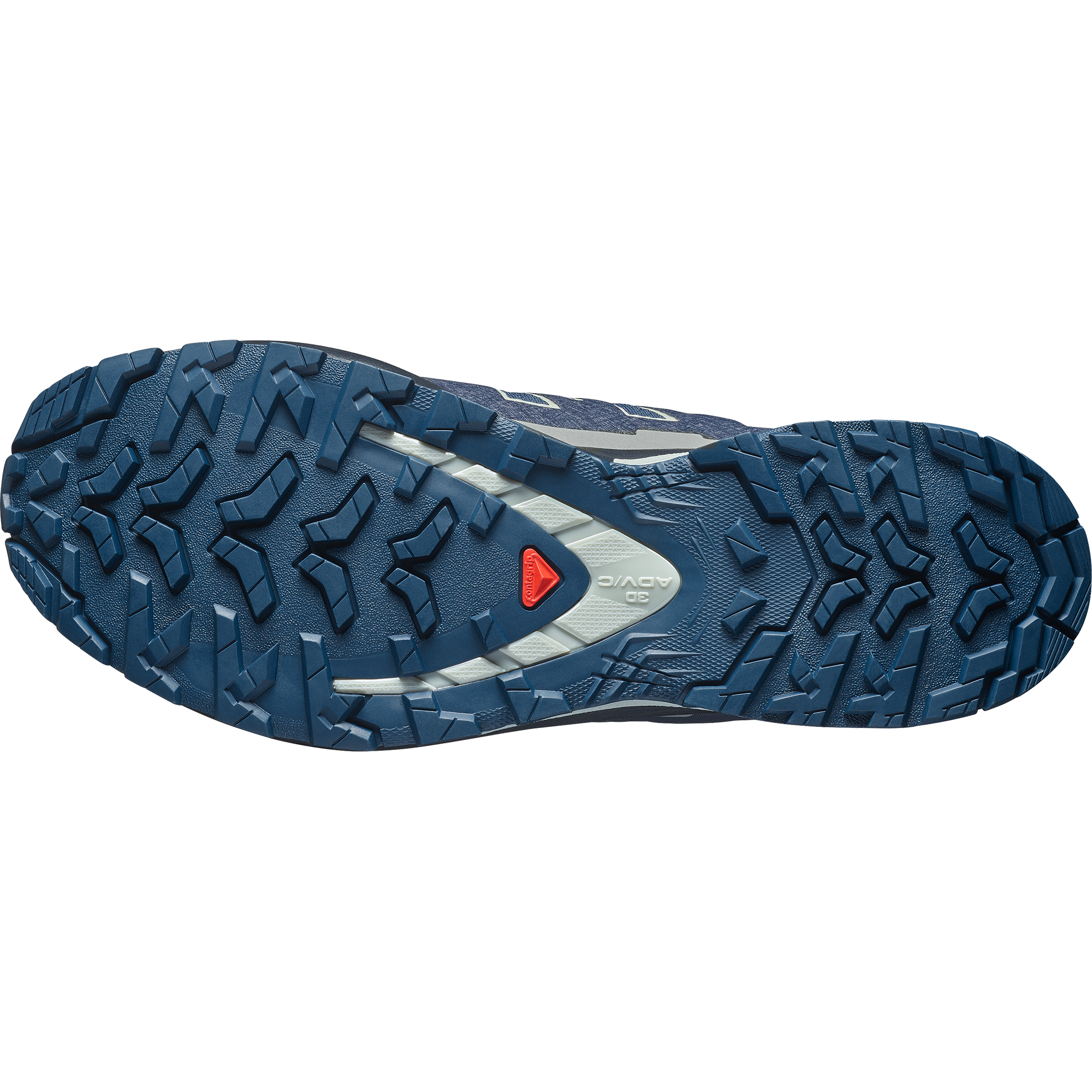 salomon xa pro 3d v9 gtx trail running and hiking shoe for men, waterproof salomon shoe, navy colour with light green details, profile of sole of shoe on a white background