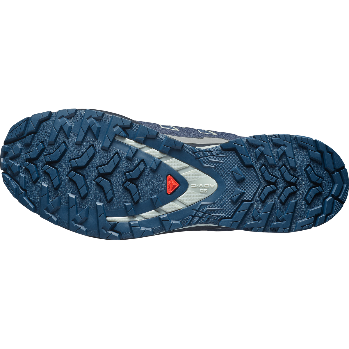salomon xa pro 3d v9 gtx trail running and hiking shoe for men, waterproof salomon shoe, navy colour with light green details, profile of sole of shoe on a white background