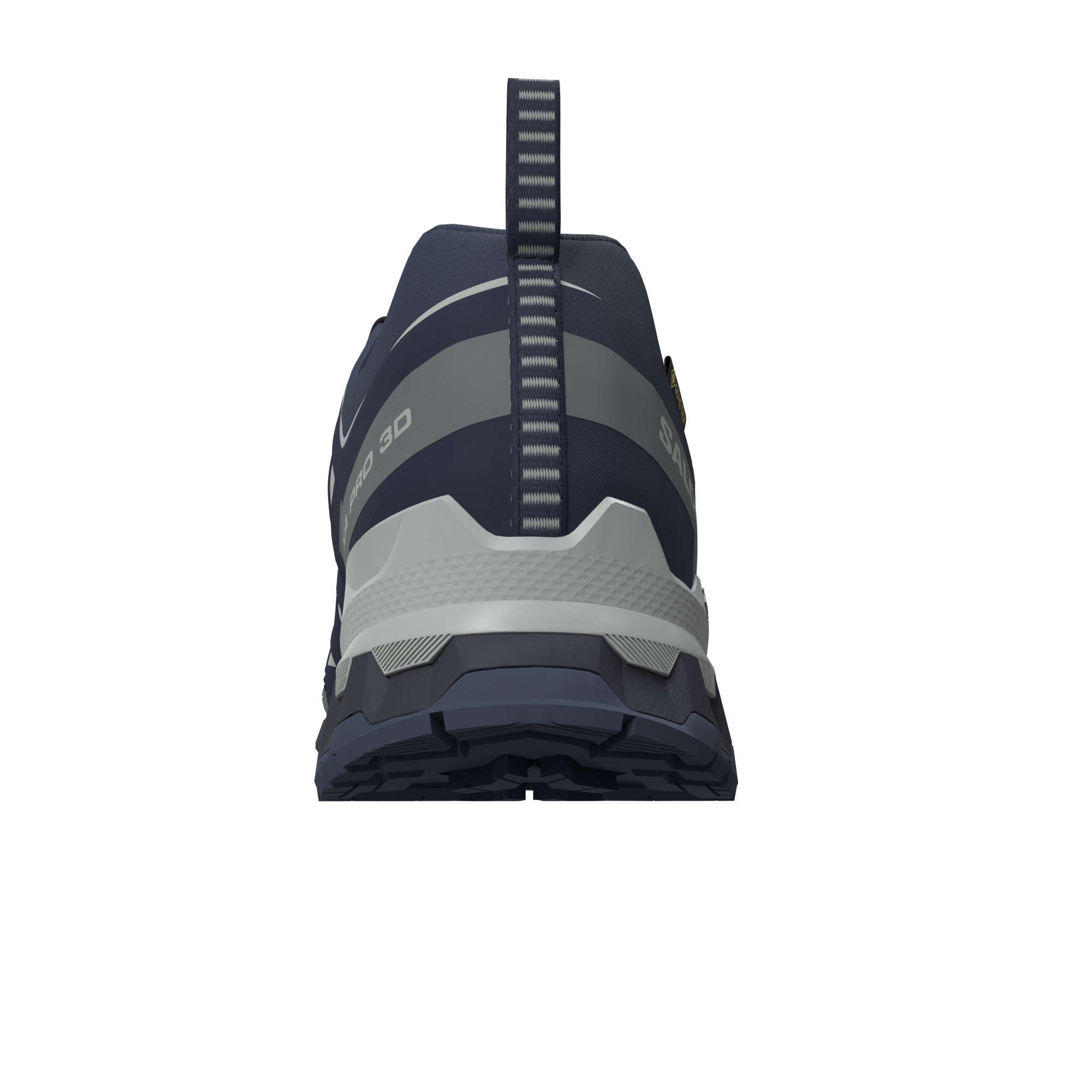 salomon xa pro 3d v9 gtx trail running and hiking shoe for men, waterproof salomon shoe, navy colour with light green details, heel profile of shoe on a white background