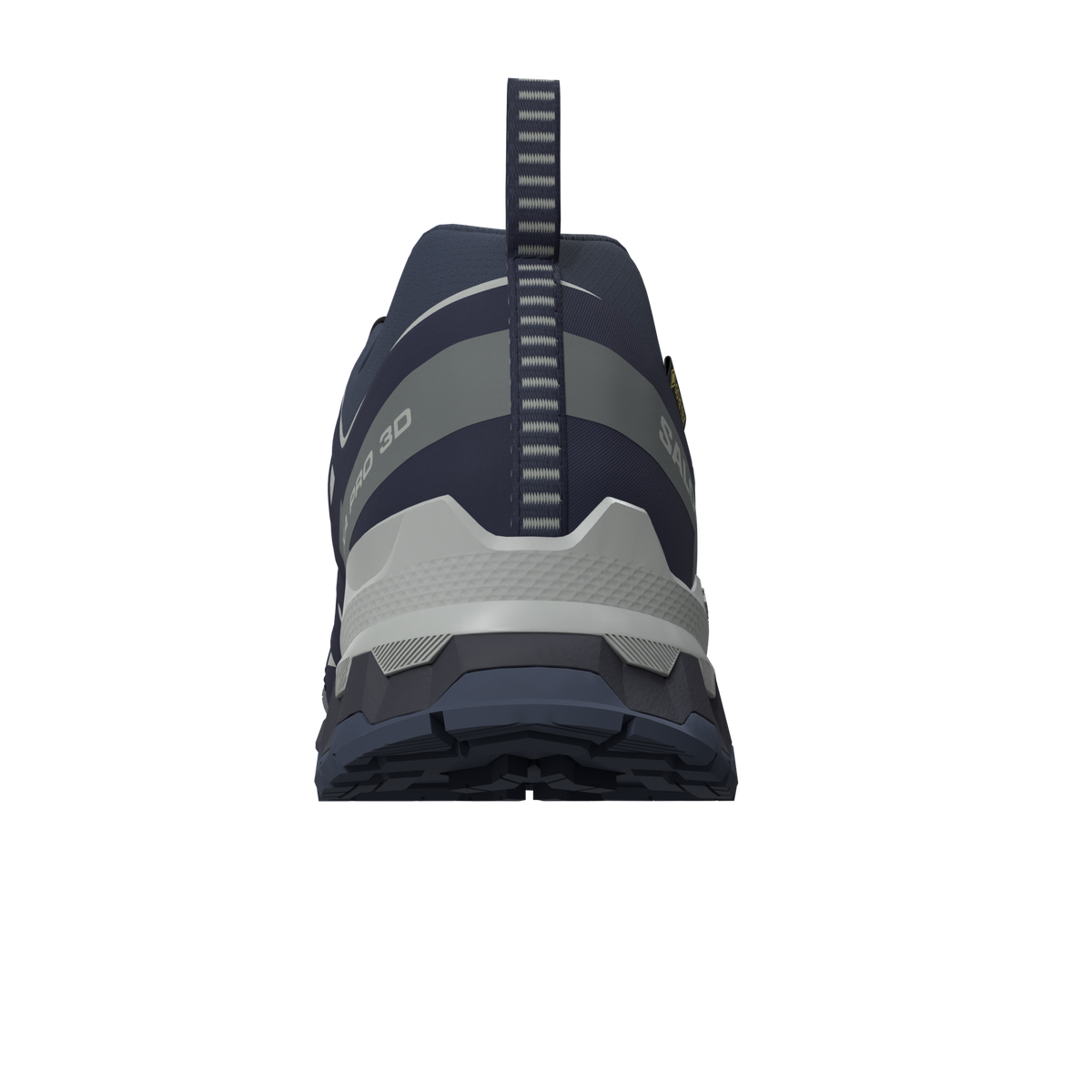 salomon xa pro 3d v9 gtx trail running and hiking shoe for men, waterproof salomon shoe, navy colour with light green details, heel profile of shoe on a white background