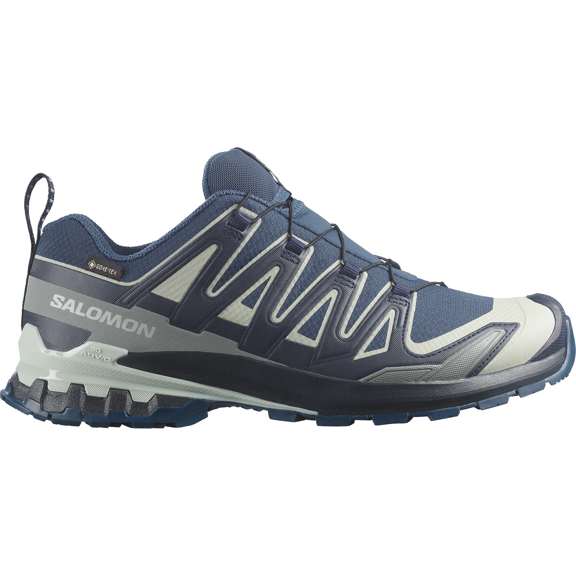 salomon xa pro 3d v9 gtx trail running and hiking shoe for men, waterproof salomon shoe, navy colour with light green details, side profile of shoe on a white background