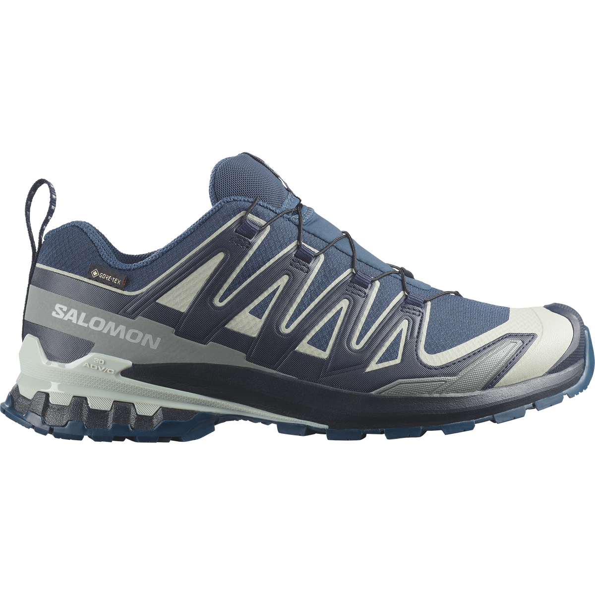 salomon xa pro 3d v9 gtx trail running and hiking shoe for men, waterproof salomon shoe, navy colour with light green details, side profile of shoe on a white background
