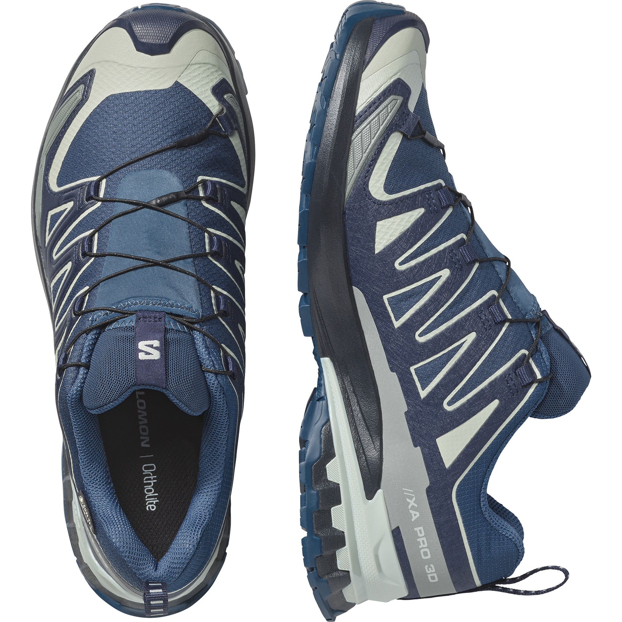 salomon xa pro 3d v9 gtx trail running and hiking shoe for men, waterproof salomon shoe, navy colour with light green details, profile of both shoes on a white background