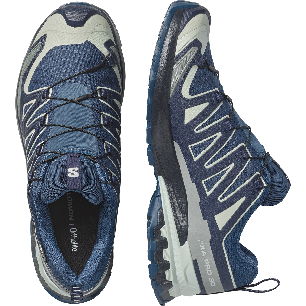 salomon xa pro 3d v9 gtx trail running and hiking shoe for men, waterproof salomon shoe, navy colour with light green details, profile of both shoes on a white background