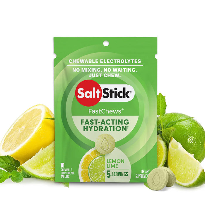 saltstick fastchews, chewable electrolyte tablets, a sachet of lemon and lime flavour saltstick fastchews on a white background with images of slices of lemons and limes