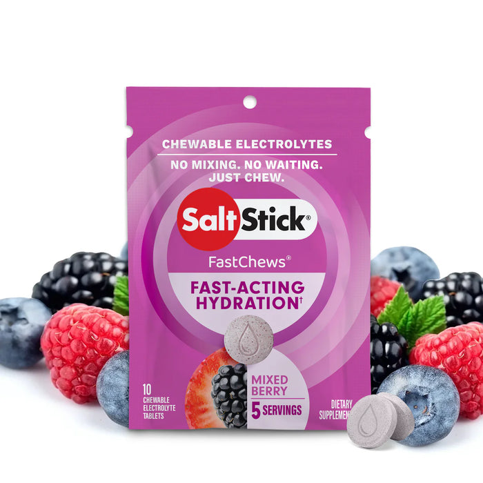 saltstick fastchews, chewable electrolyte tablets, a sachet of mixed berry flavour saltstick fastchews on a white background with images of berries