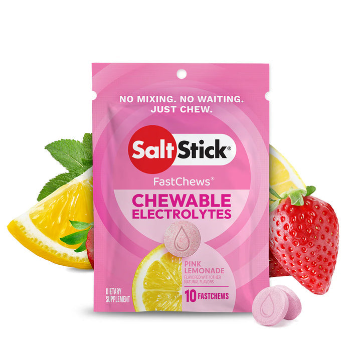 saltstick fastchews, chewable electrolyte tablets, a sachet of pink lemonade flavour saltstick fastchews on a white background with images of lemons and strawberries