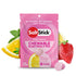saltstick fastchews, chewable electrolyte tablets, a sachet of pink lemonade flavour saltstick fastchews on a white background with images of lemons and strawberries