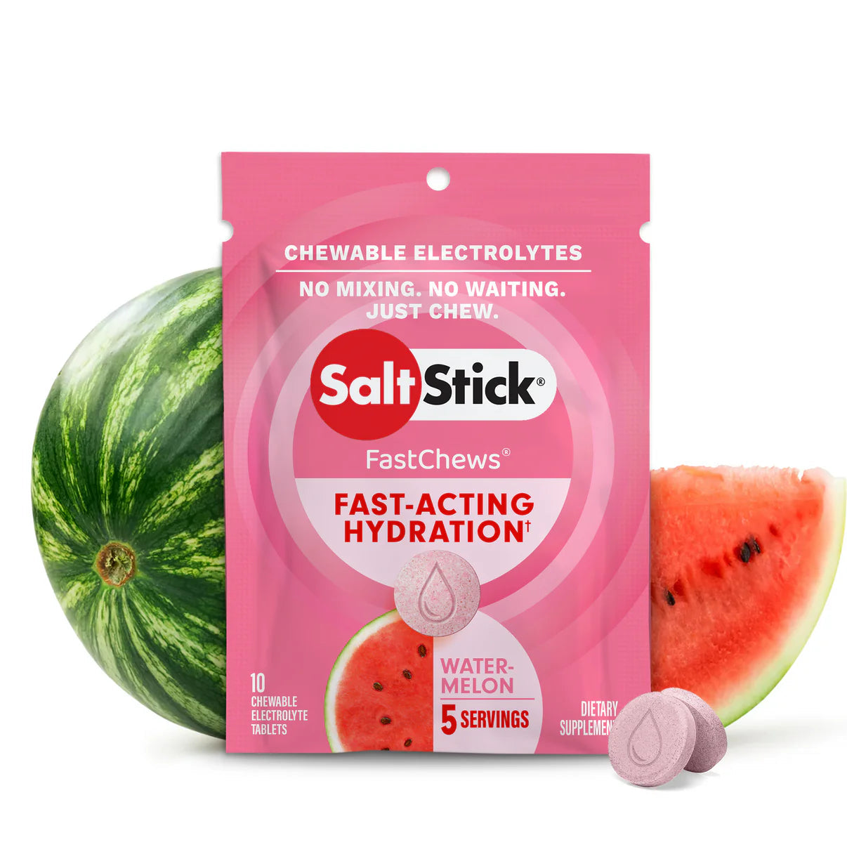 saltstick fastchews, chewable electrolyte tablets, a sachet of watermelon flavour saltstick fastchews on a white background with images of watermelon slices