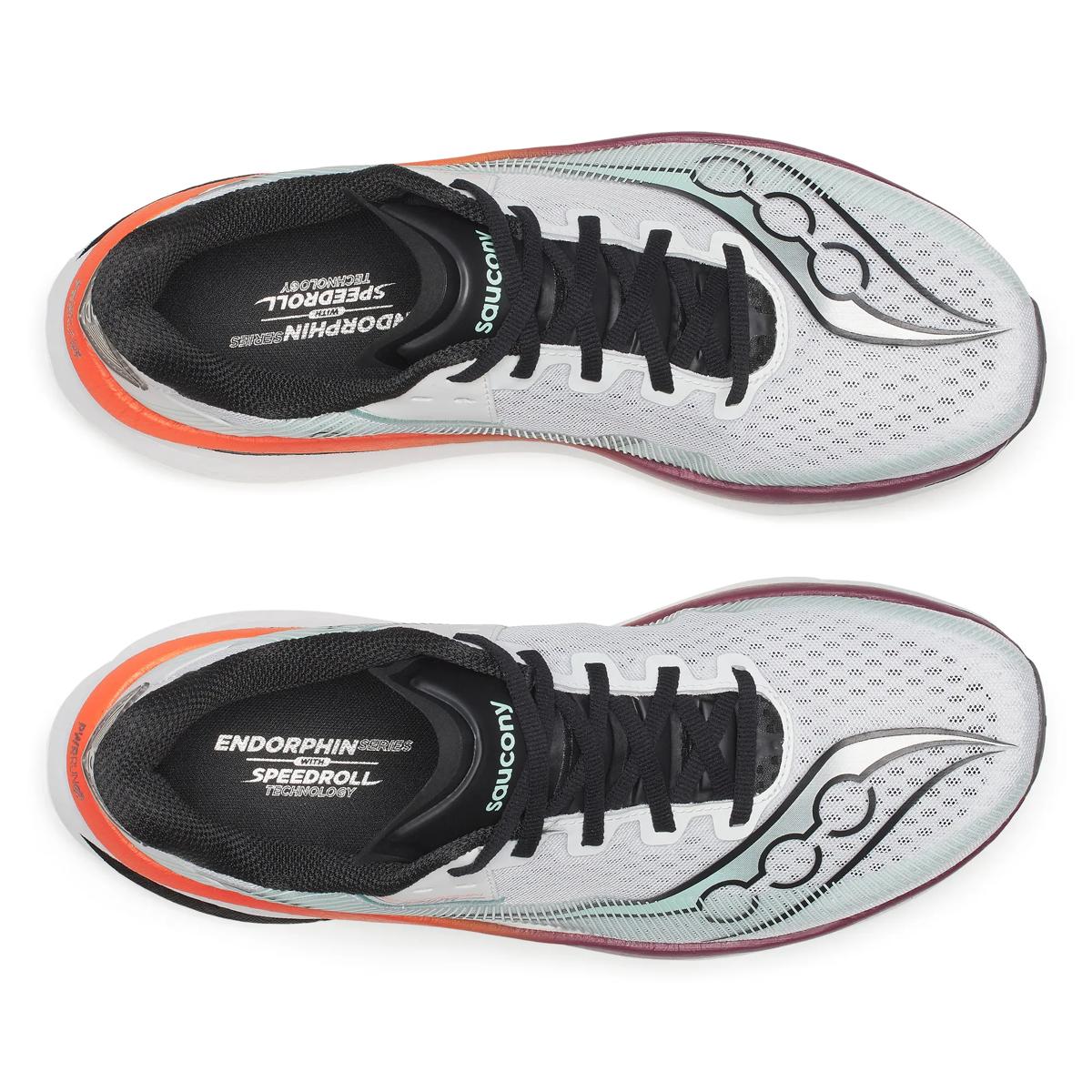 Pair of Men's Saucony Endorphin Azura running shoe in white and crimson colour, showing laces