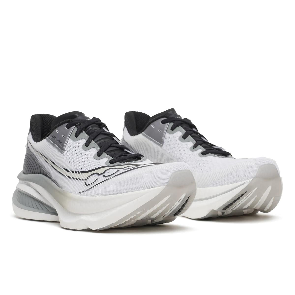 saucony endorphin azura, lightweight and energetic running shoe for men, black and white colour, side profile of both shoes on a white background