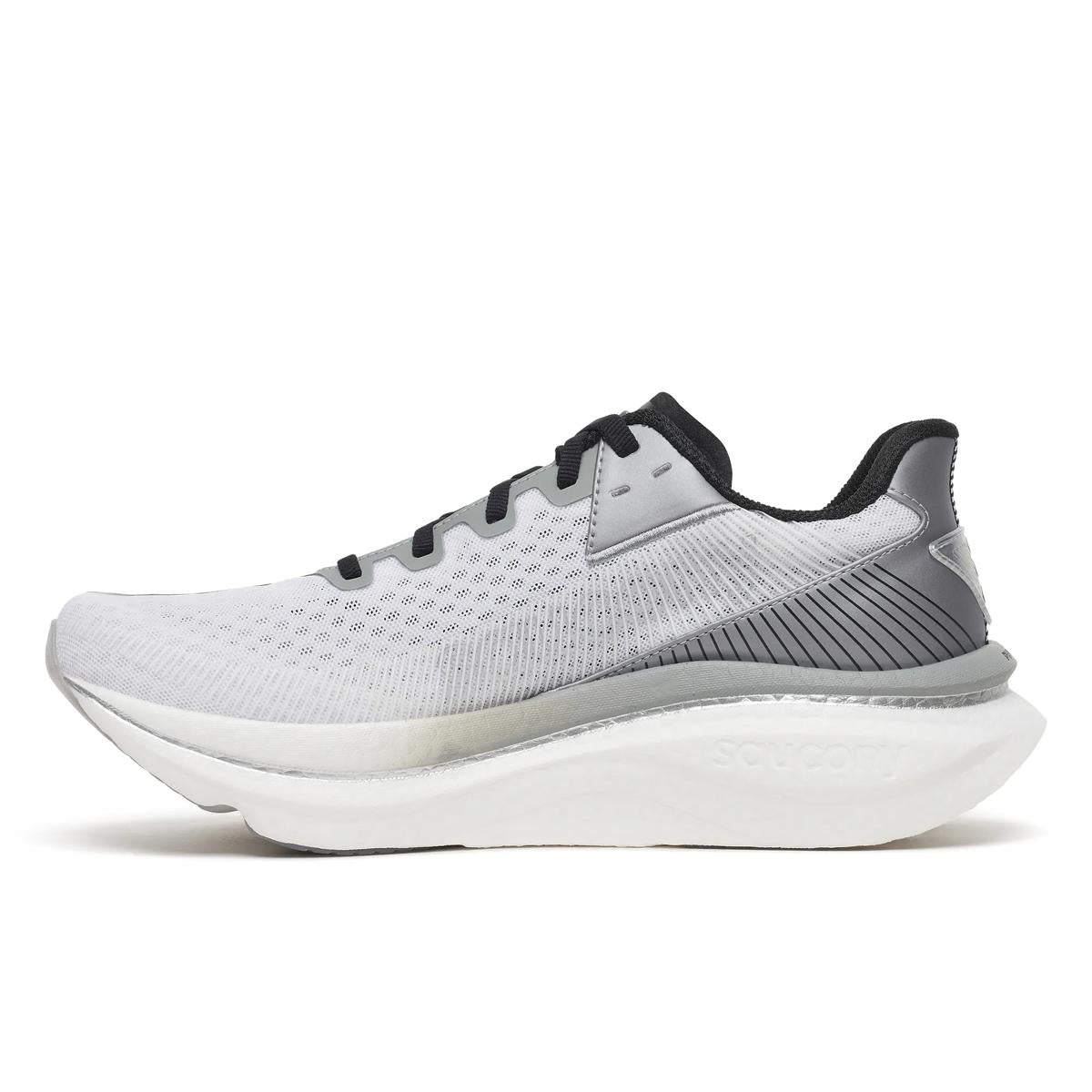  saucony endorphin azura, lightweight and energetic running shoe for men, black and white colour, side profile of shoe on a white background