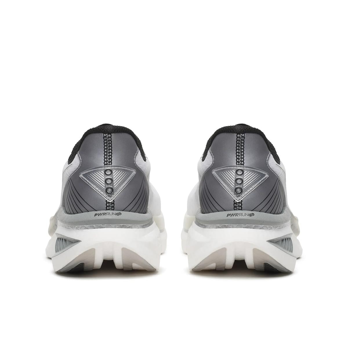saucony endorphin azura, lightweight and energetic running shoe for men, black and white colour, back profile of both shoes on a white background