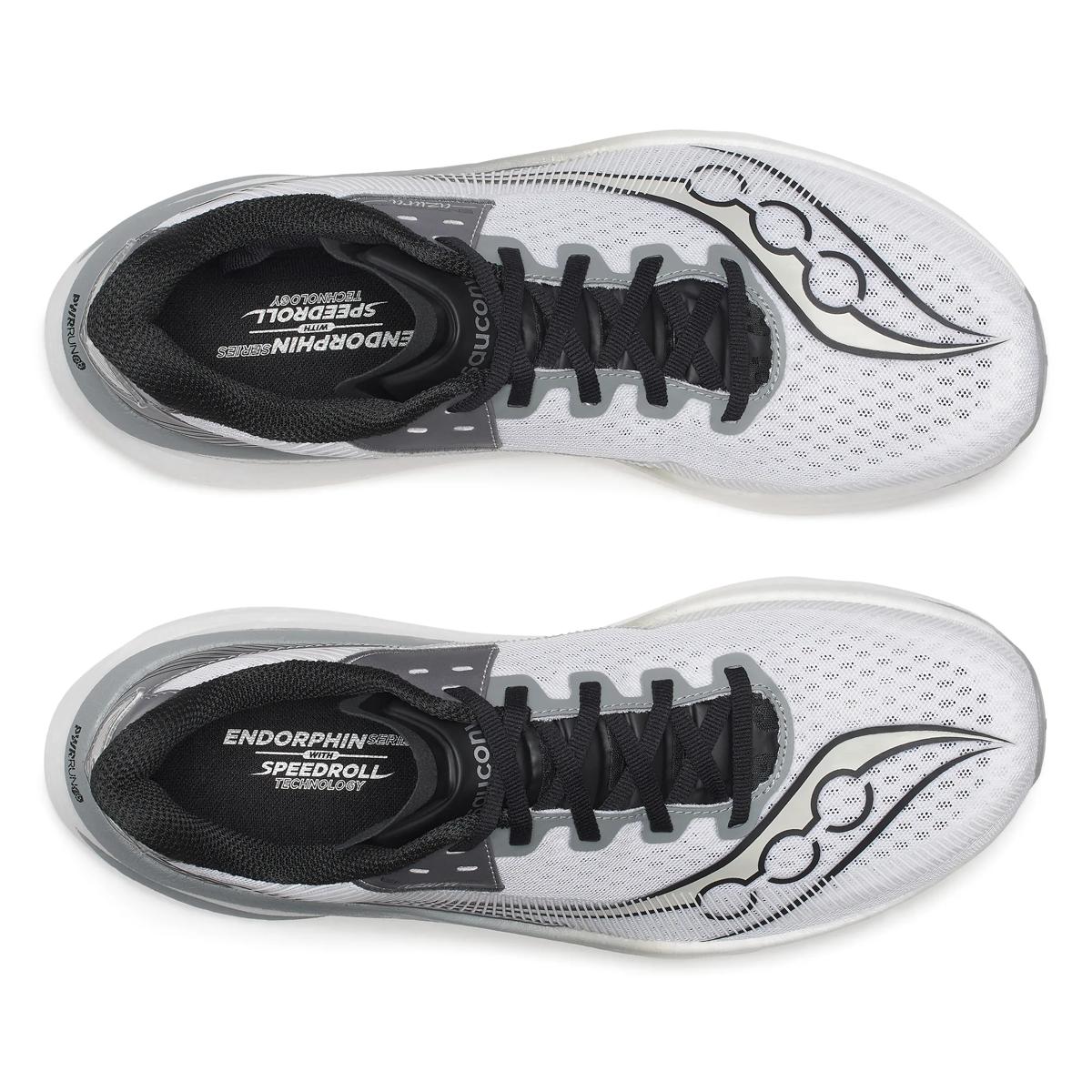 saucony endorphin azura, lightweight and energetic running shoe for men, black and white colour, overhead profile of both shoes on a white background