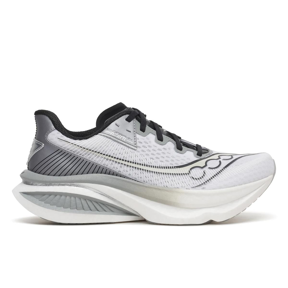 saucony endorphin azura, lightweight and energetic running shoe for men, black and white colour, side profile of shoe on a white background