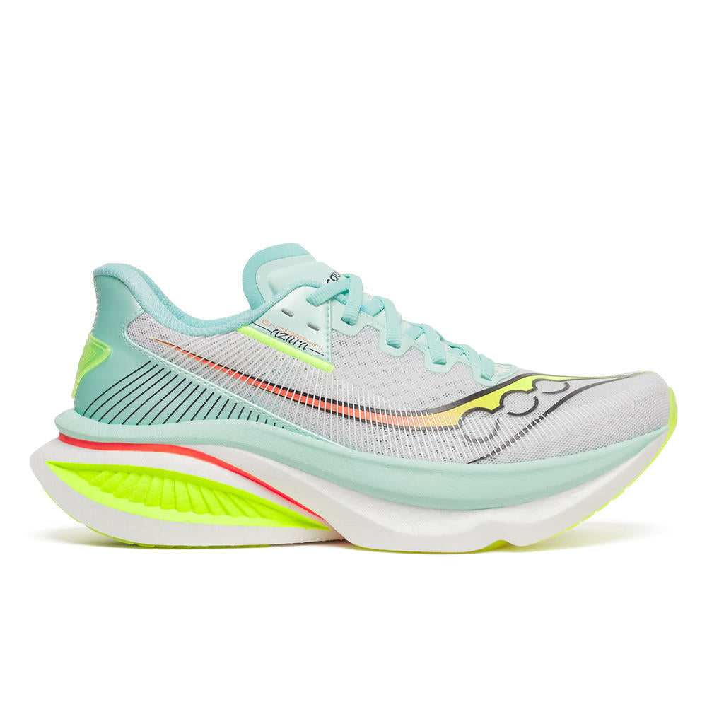 saucony endorphin azura fast light and bouncy womens road running shoe, wlight blue and white with neon yellow and red details, side profile of shoe