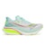 saucony endorphin azura fast light and bouncy womens road running shoe, wlight blue and white with neon yellow and red details, side profile of shoe