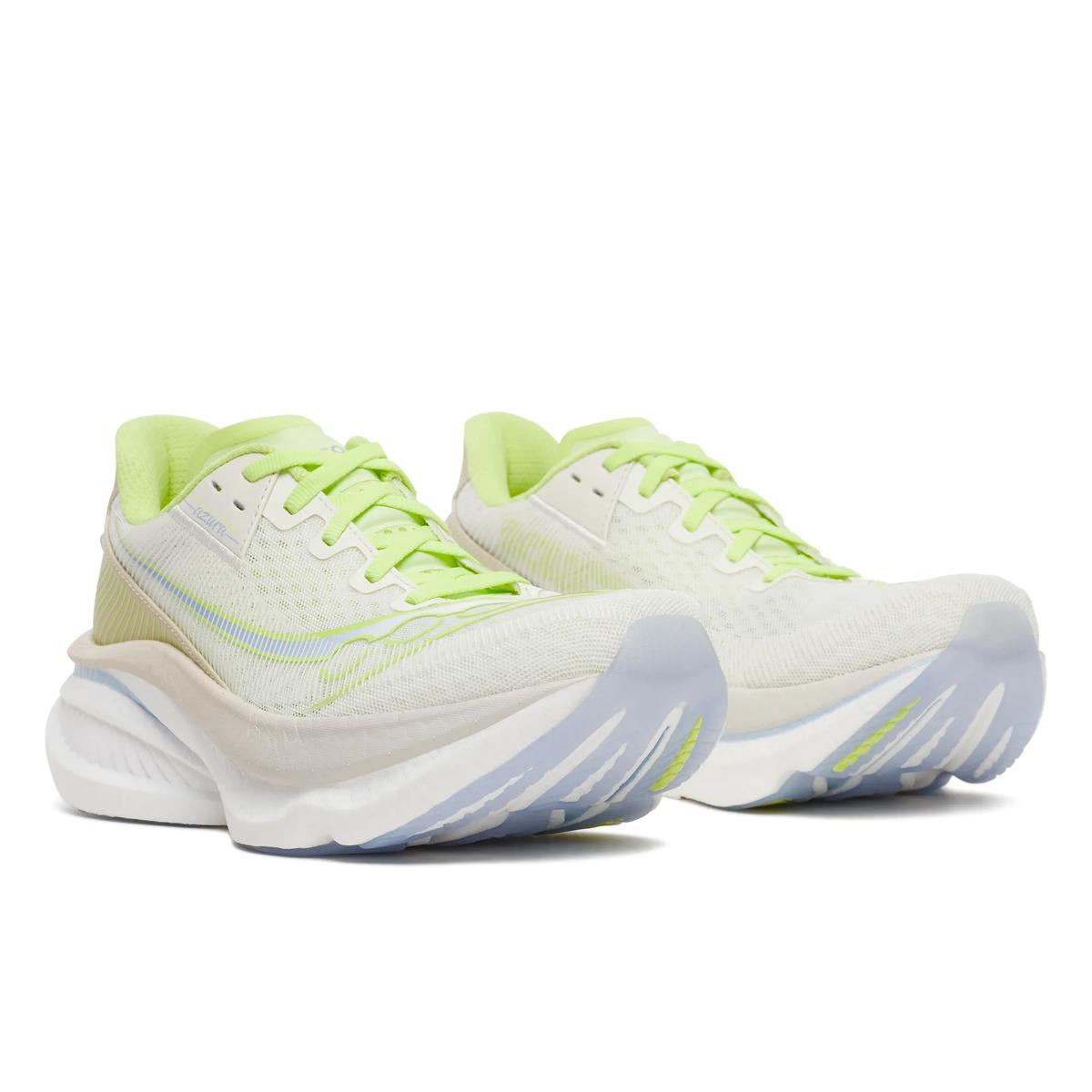 saucony endorphin azura fast light and bouncy womens road running shoe, ivory white and yellow with light blue accents, side profile of shoe