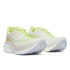 saucony endorphin azura fast light and bouncy womens road running shoe, ivory white and yellow with light blue accents, side profile of shoe