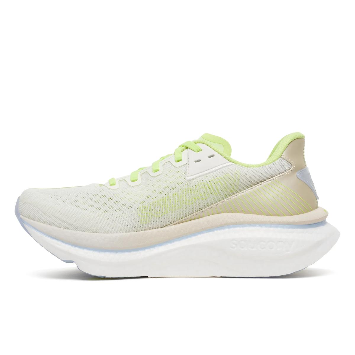 saucony endorphin azura fast light and bouncy womens road running shoe, ivory white and yellow with light blue accents, side profile of shoe