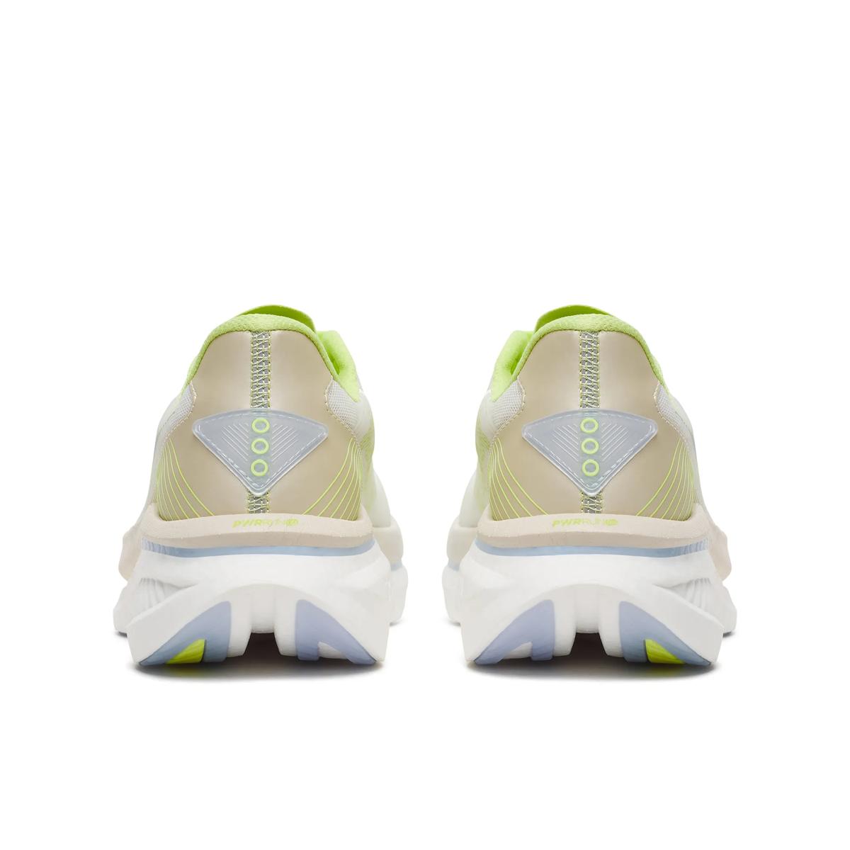 saucony endorphin azura fast light and bouncy womens road running shoe, ivory white and yellow with light blue accents, rear profile of shoe