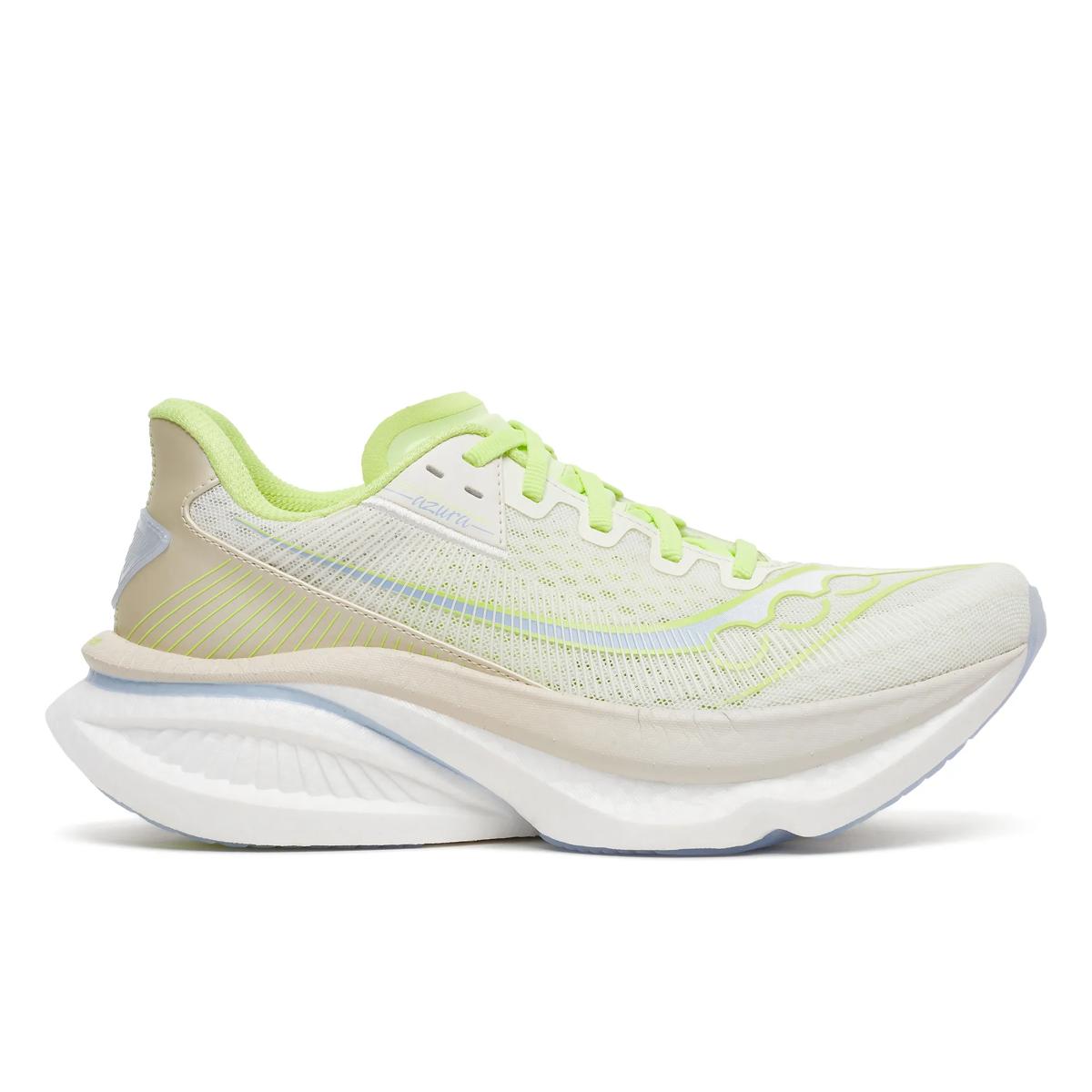 saucony endorphin azura fast light and bouncy womens road running shoe, ivory white and yellow with light blue accents, side profile of shoe