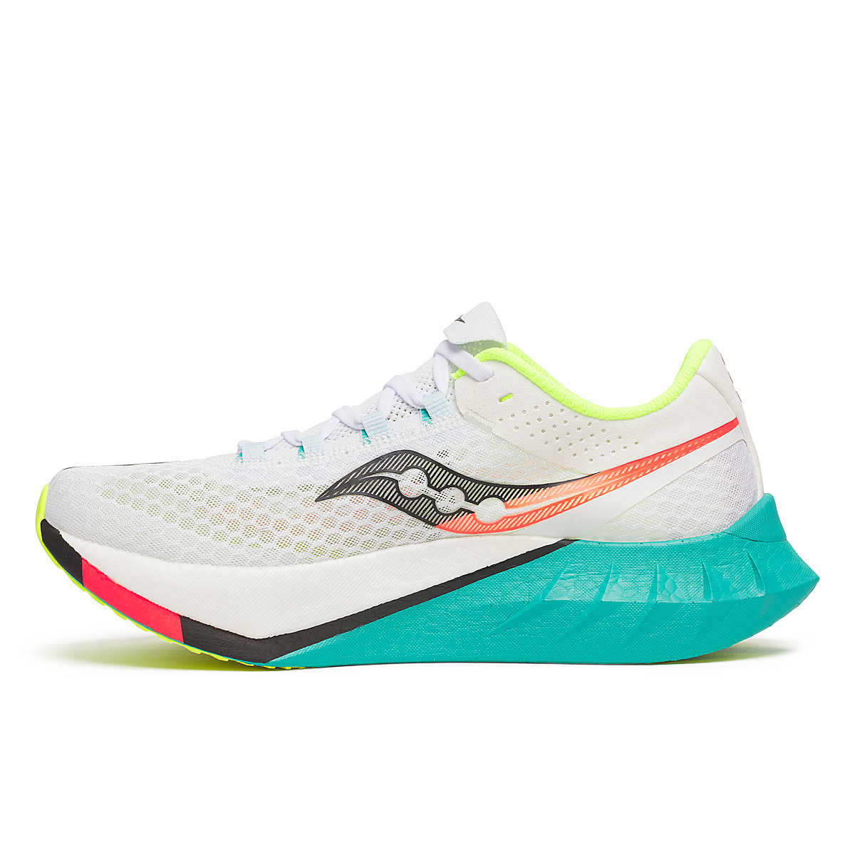 saucony endorphine pro 4 white running shoe with colorful teal and red sole for racing and training inside profile