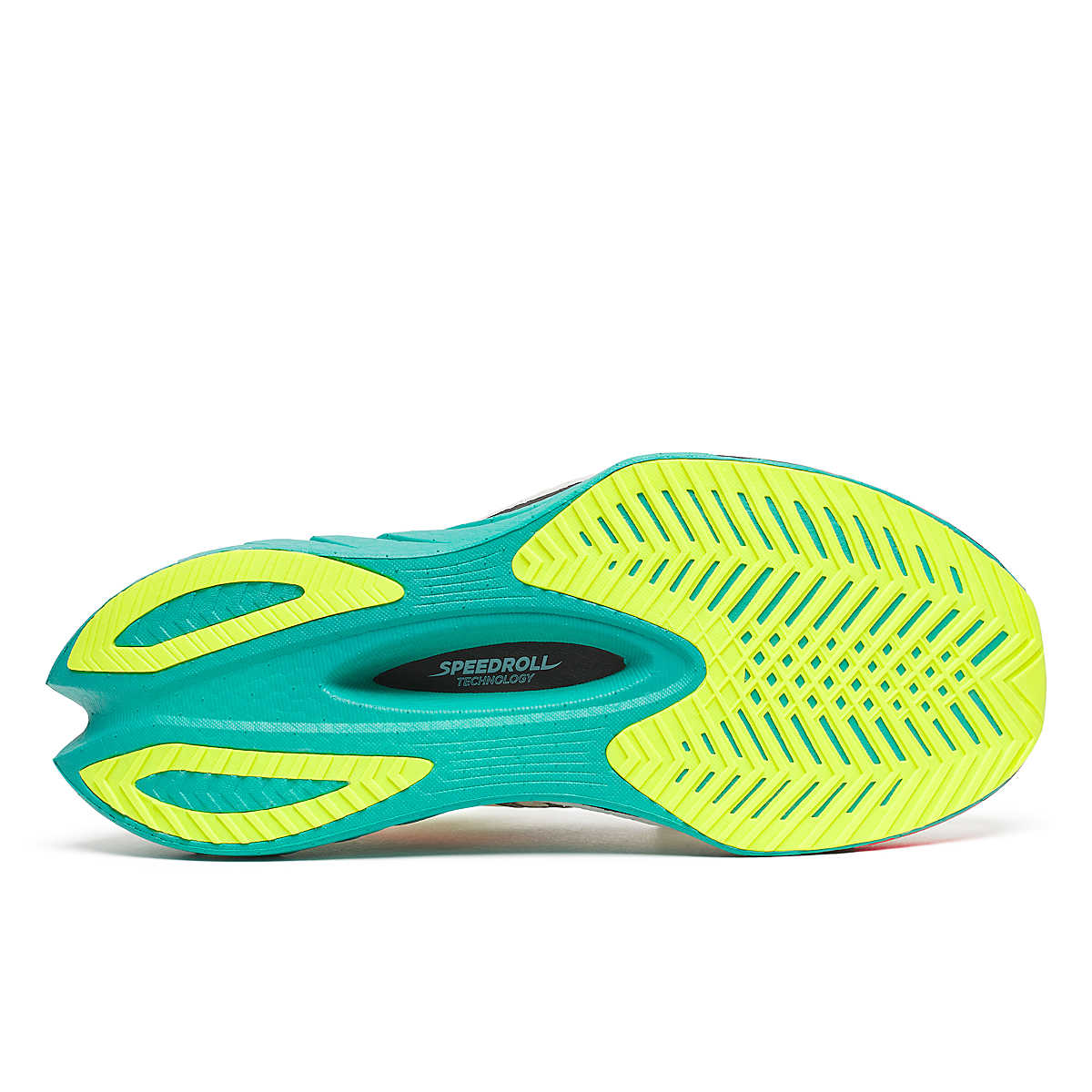 saucony endorphine pro 4 white running shoe with colorful teal and red sole for racing and training underside
