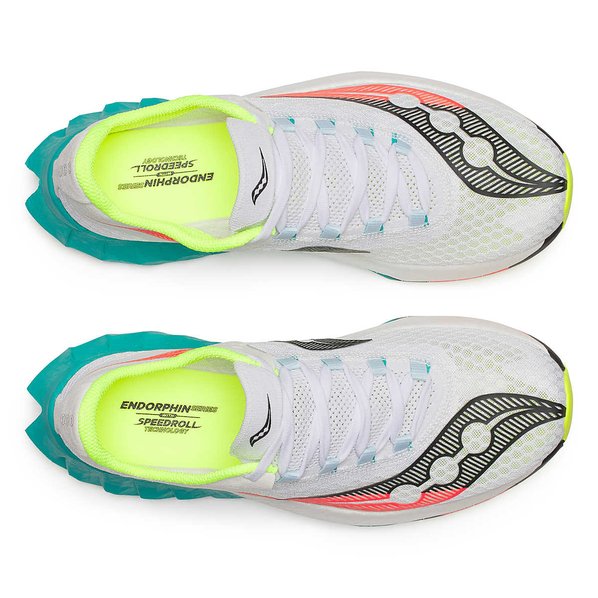 saucony endorphine pro 4 white running shoe with colorful teal and red sole for racing and training top of shoe