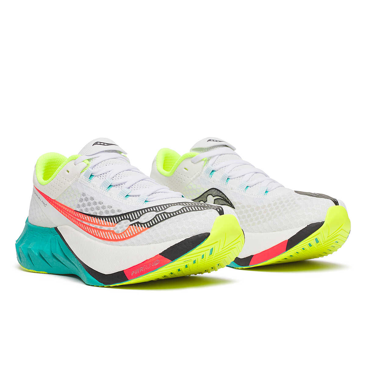 saucony endorphine pro 4 white running shoe with colorful teal and red sole for racing and training pair