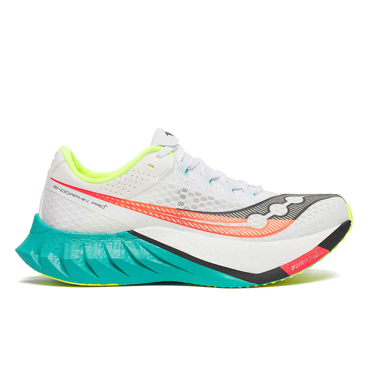 saucony endorphine pro 4 white running shoe with colorful teal and red sole for racing and training 
