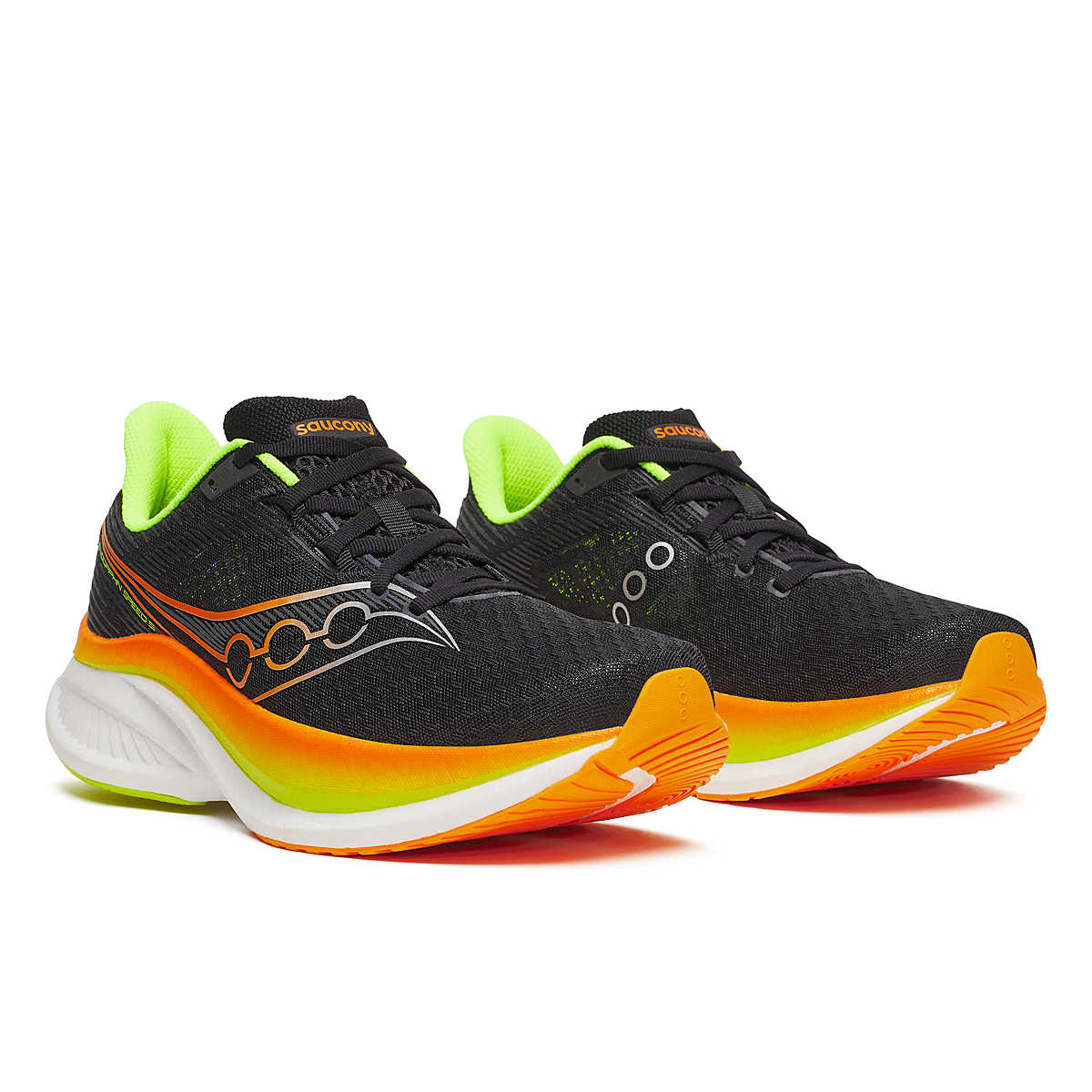 black saucony endorphin speed 5 mens running shoe with orange and green accents for racing and training pair