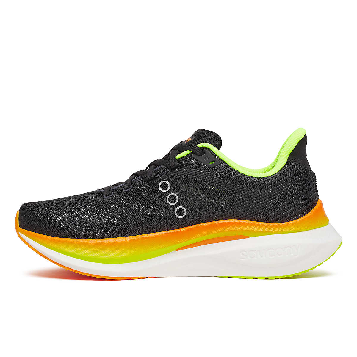 black saucony endorphin speed 5 mens running shoe with orange and green accents for racing and training inside profile