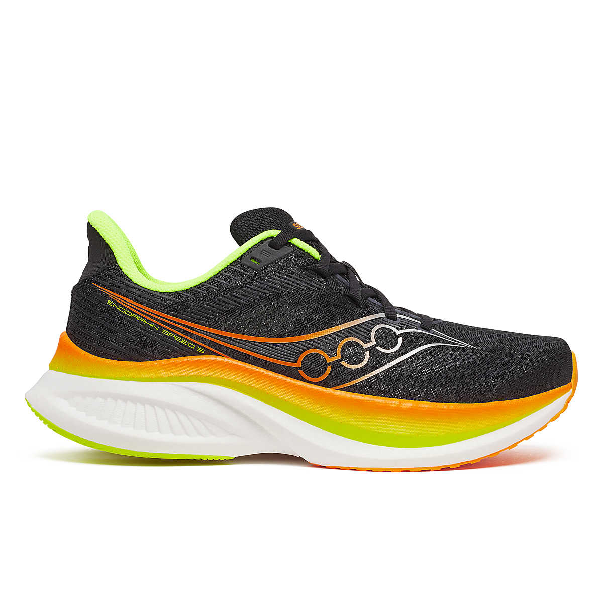 black saucony endorphin speed 5 mens running shoe with orange and green accents for racing and training