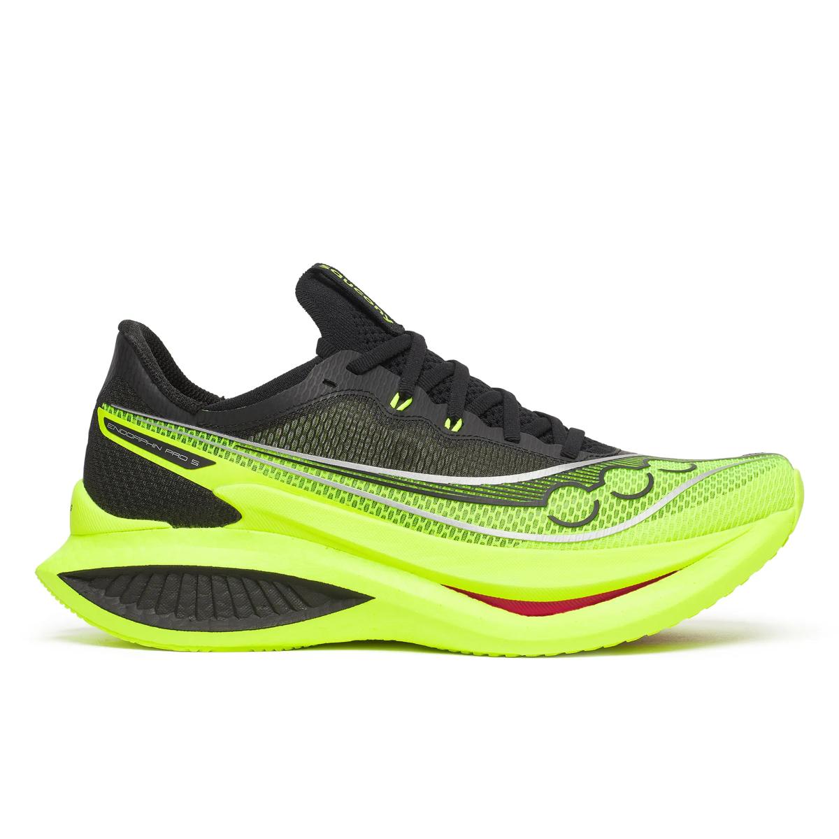 saucony endorphin speed pro 5 mens, carbon plated responsive speed shoe for road racing and speed sessions, black with neon green, side profile of shoe