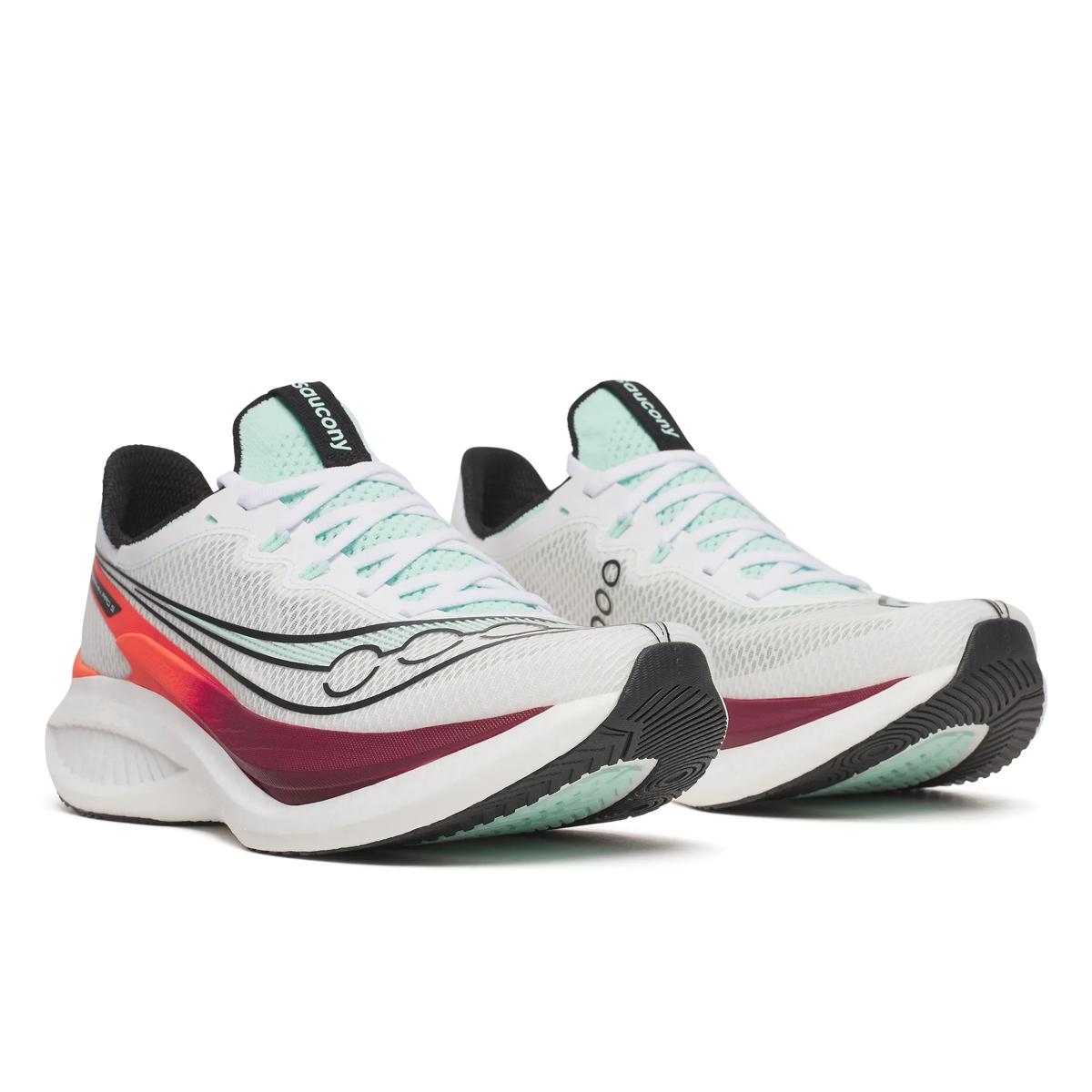 saucony endorphin speed pro 5 mens, carbon plated responsive speed shoe for road racing and speed sessions, white with red and orange details, front side profile of both shoes