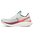 saucony endorphin speed pro 5 mens, carbon plated responsive speed shoe for road racing and speed sessions, white with red and orange details, side profile of shoe