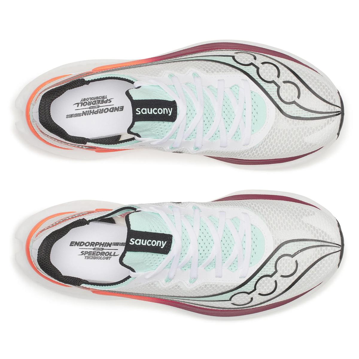 saucony endorphin speed pro 5 mens, carbon plated responsive speed shoe for road racing and speed sessions, white with red and orange details, top down view of both shoes