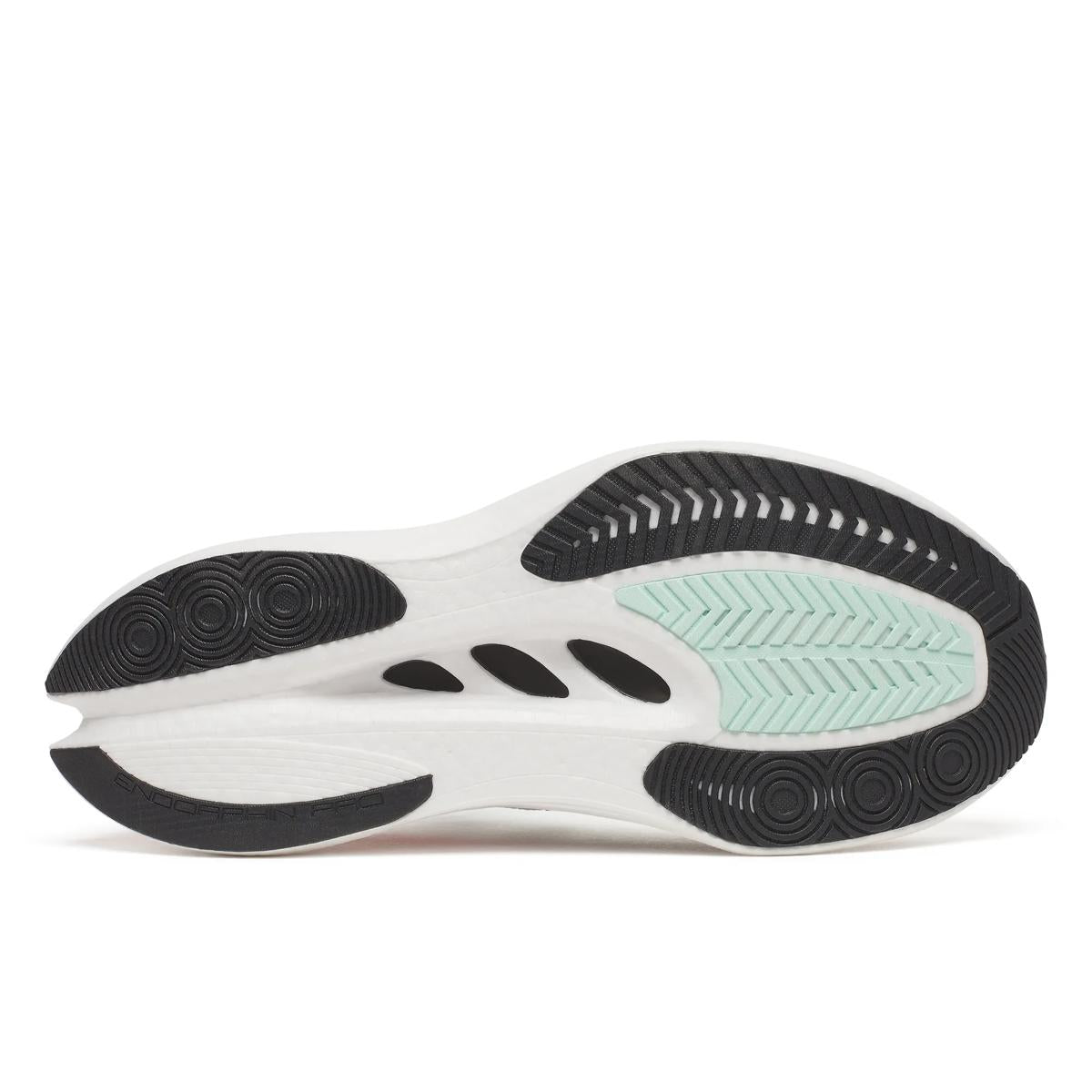 saucony endorphin speed pro 5 mens, carbon plated responsive speed shoe for road racing and speed sessions, white with red and orange details, view of sole of one of the shoes