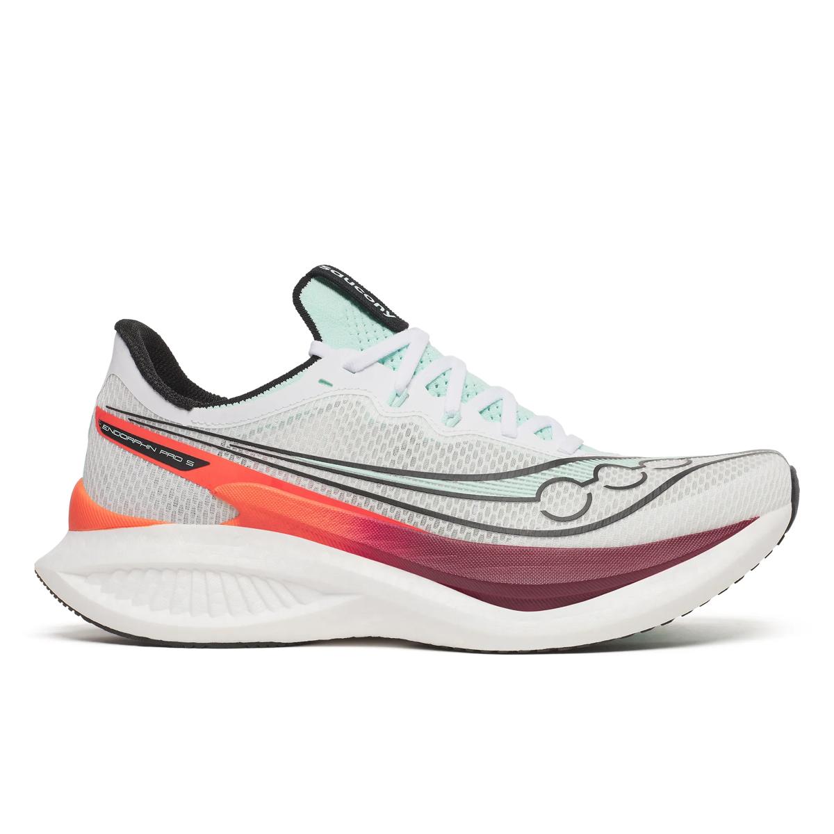 saucony endorphin speed pro 5 mens, carbon plated responsive speed shoe for road racing and speed sessions, white with red and orange details, side profile of shoe
