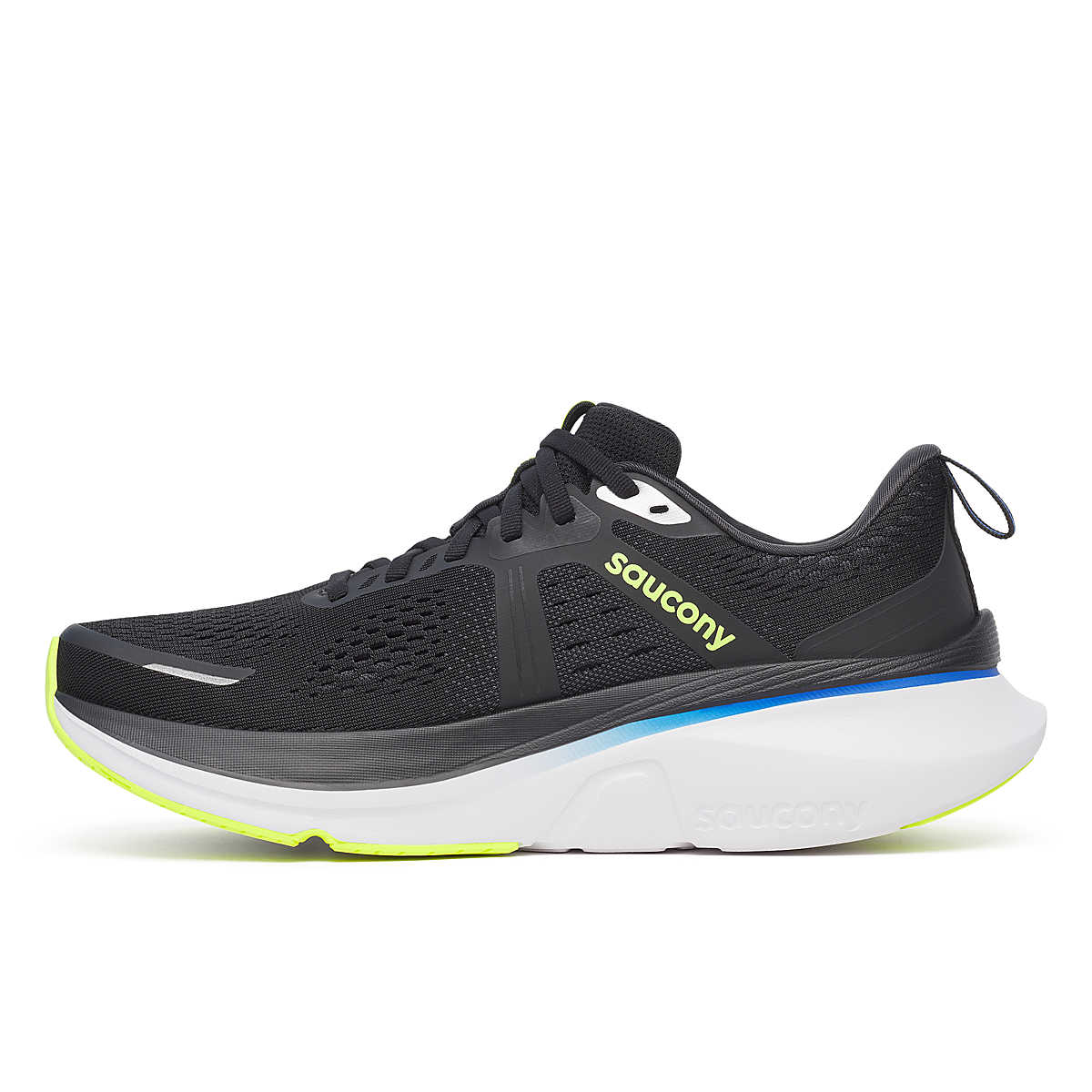 Saucony guide 18 mens running shoe with black, blue and white design